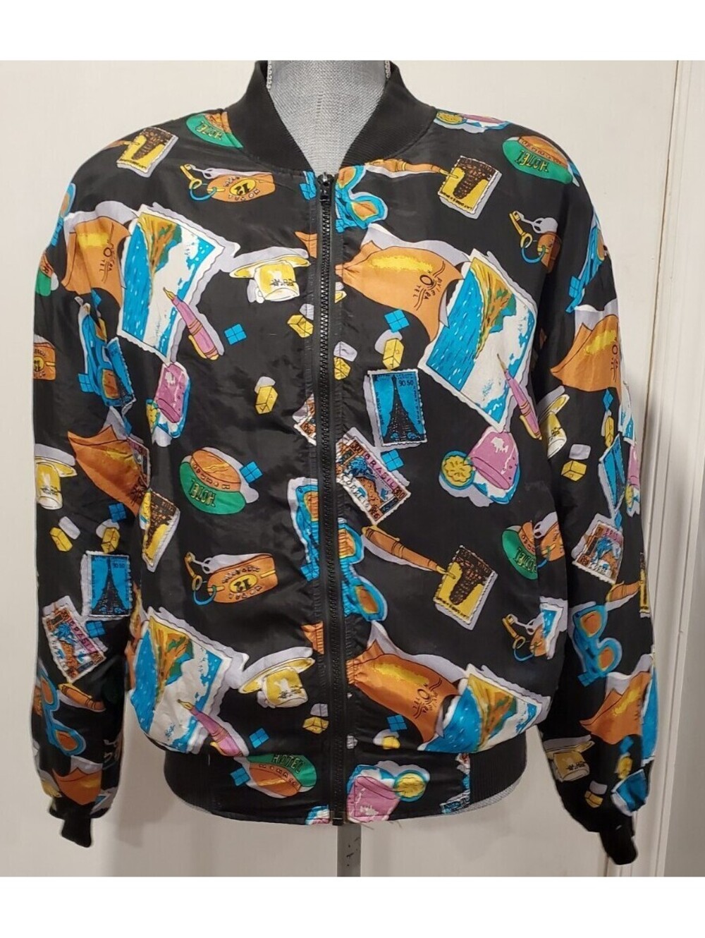 Carol Horn Workshop Small Silk Art-to-Wear Bomber Jacket Black Vintage Vacation